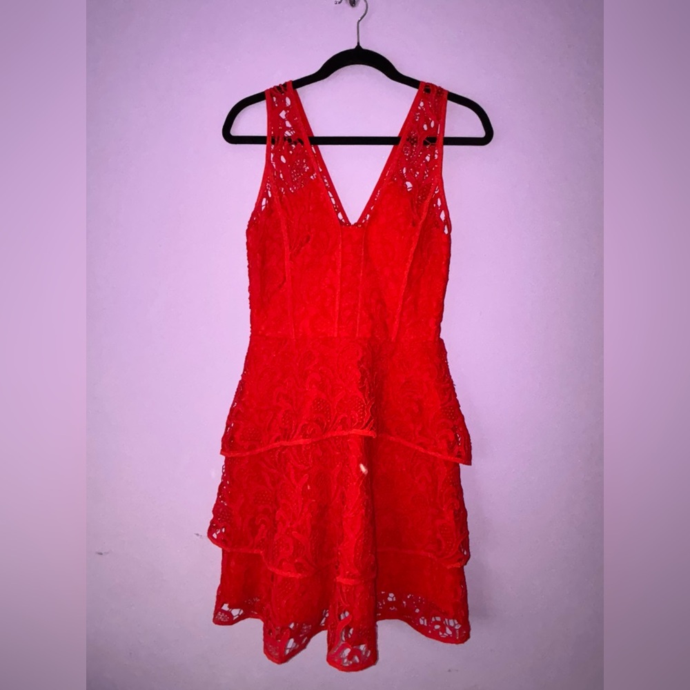 Adelyn Rae Bright Red Lace Tiered V-Neck Mini Dress